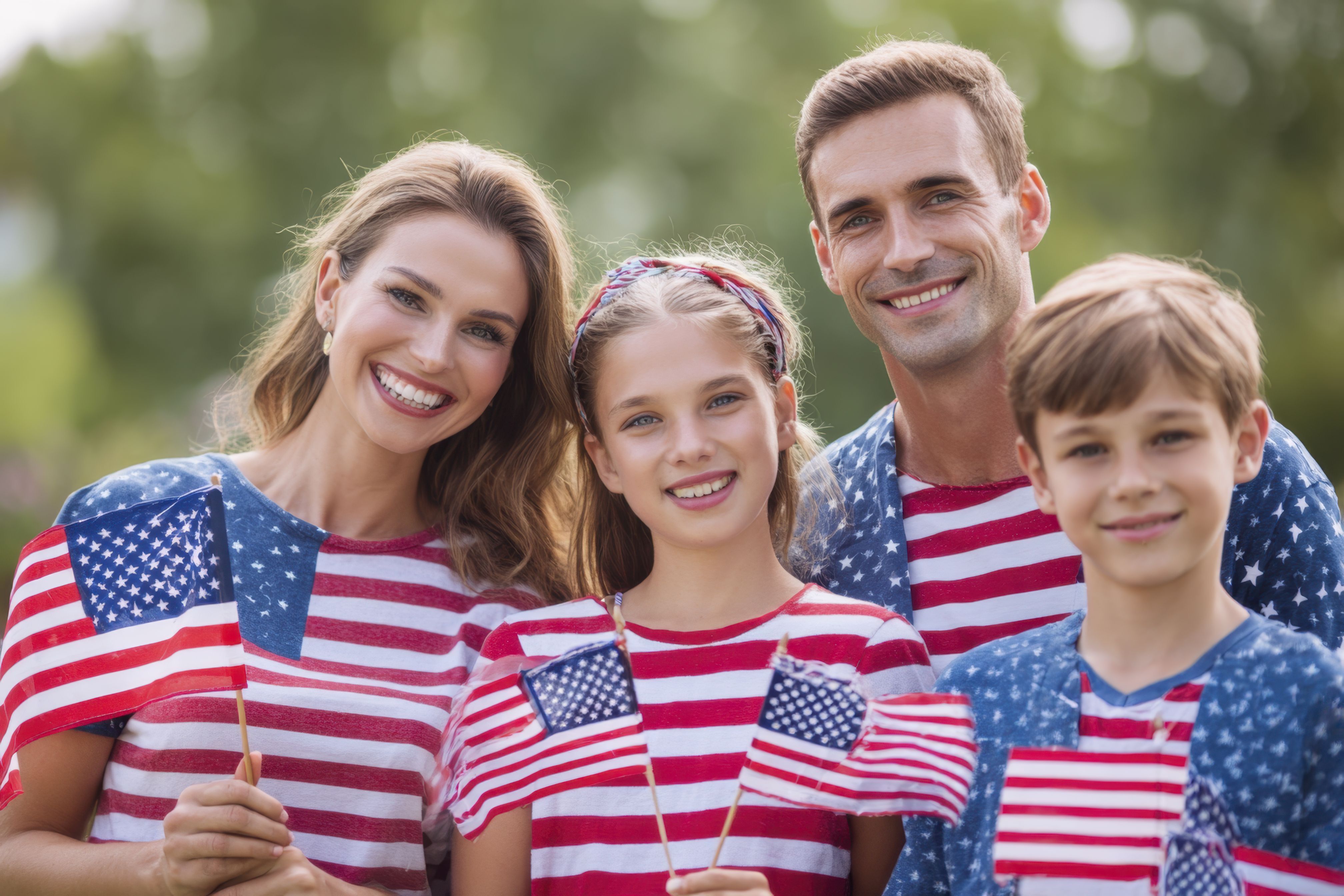 Family of five — two parents and three kids — at home, smiling together
